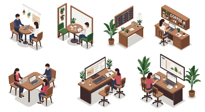 Isometric vector illustration of office and coffee shop scenes for business and work environments