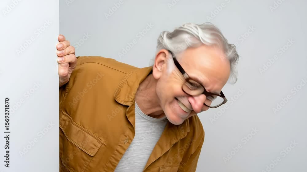 Poster man with glasses and a beard is looking at the camera with a surprised expression. he is wearing a b