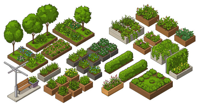 Isometric urban garden design vector illustration for landscape planning and green spaces