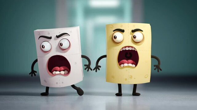 Two cartoon characters, one white and one yellow, are standing next to each other with their mouths wide open. The white character is angry and the yellow character is scared