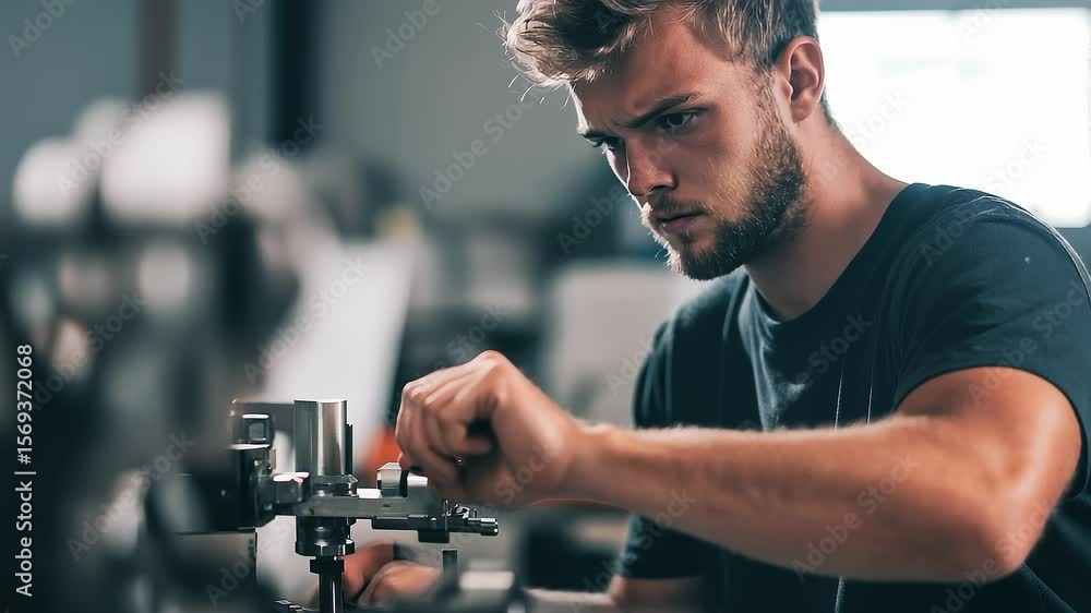 Poster focused mechanic rigorously operates precision instruments