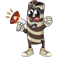 cute chocolate wafer roll mascot cartoon vector illustration out loud with loudspeaker, funny dessert character in striped snack design for kids and food packaging, work of hand drawn