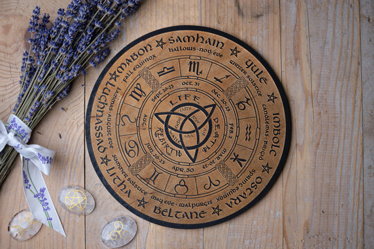 Overhead view of a wooden Wheel of the Year engraved with the eight pagan festivals. Spiritual and Wicca concept.
