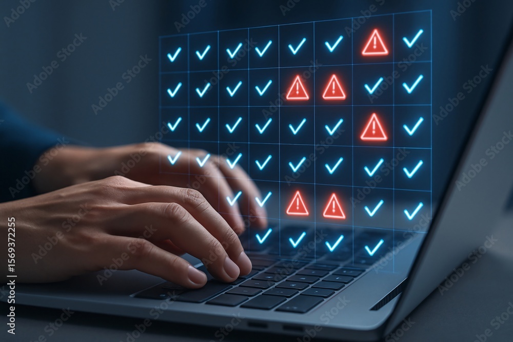 Poster person reviewing checklist with completed tasks and critical alerts on a digital interface