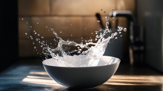High speed photography of milk splash in white bowl with warm kitchen background showing motion food concept - Powered by Adobe