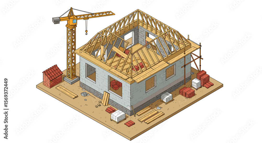 Poster isometric construction site vector illustration: building structure with crane for architectural des