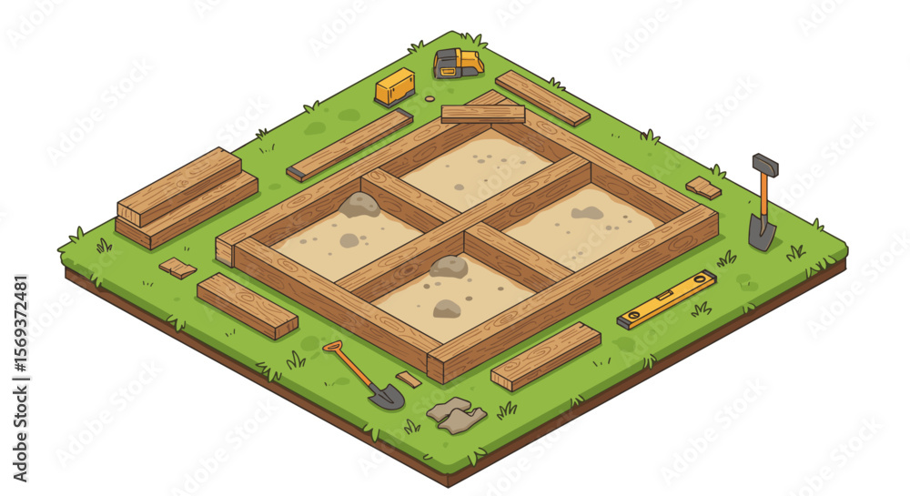 Poster isometric foundation construction vector illustration for building projects and design concepts