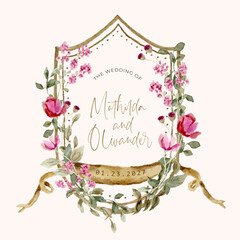vintage romantic pink wildflower wedding crest; pink floral watercolor frame
