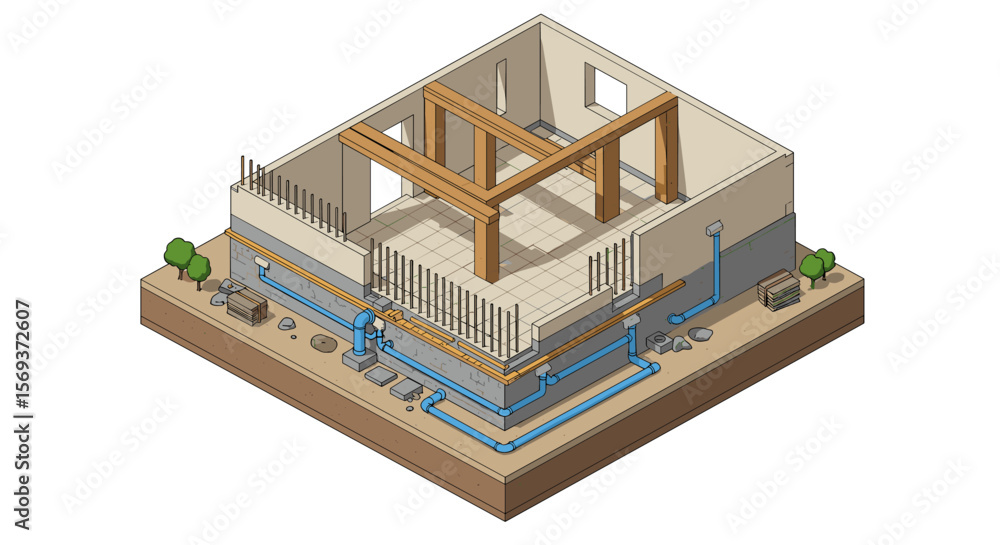 Poster isometric vector illustration of a building construction process with foundation and structure detai