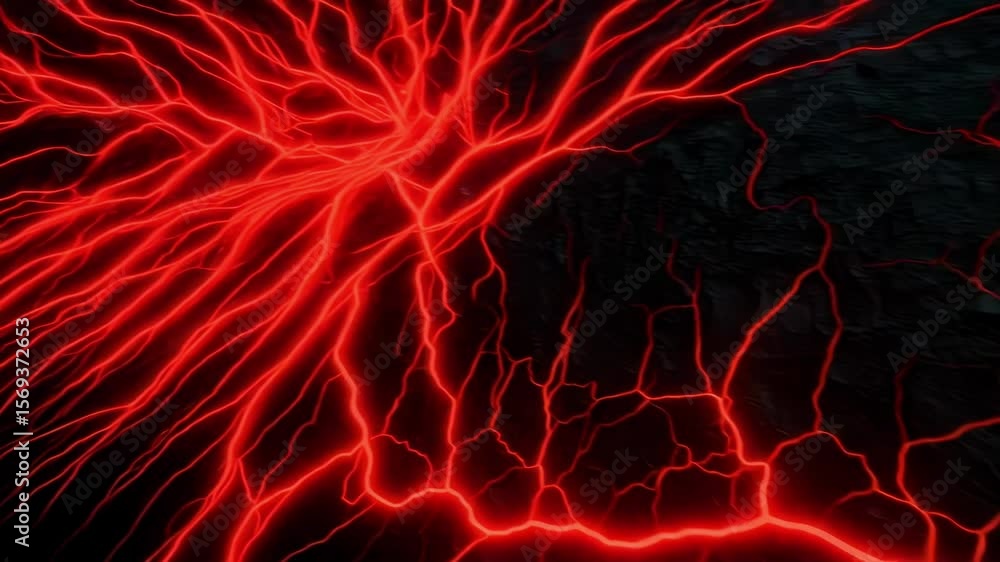 Poster bright red lightning cracks across a black textured background, creating an intense and powerful abs