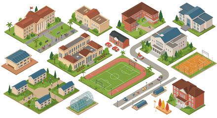 Naklejka na ściany i meble Isometric vector illustration of a school campus with buildings and sports facilities for educational design