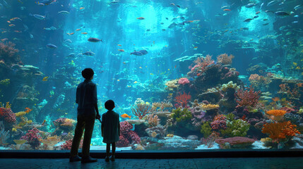 A captivating view of large aquarium where two silhouetted figures stand in awe, observing coral reef teeming with diverse colorful fish. Perfect for themes of wonder, discovery, marine life