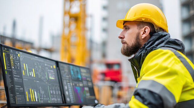 Construction engineer in a yellow helmet monitors building project data on dual computer screens at an active construction site.
