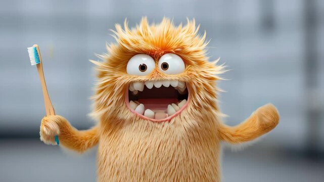 Cartoonish creature with a toothbrush in its mouth. The creature is smiling and he is happy