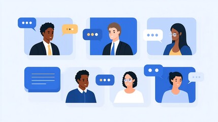 Diverse team members engaging in online video conference with communication bubbles