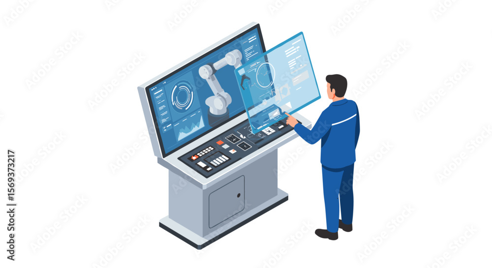 Poster isometric vector illustration of engineer operating robotic control panel for automation and technol