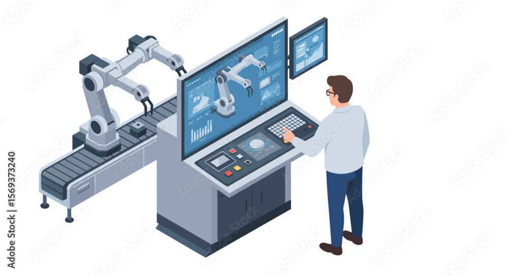 Poster factory automation control panel and robotic arm vector illustration - isometric style for technolog