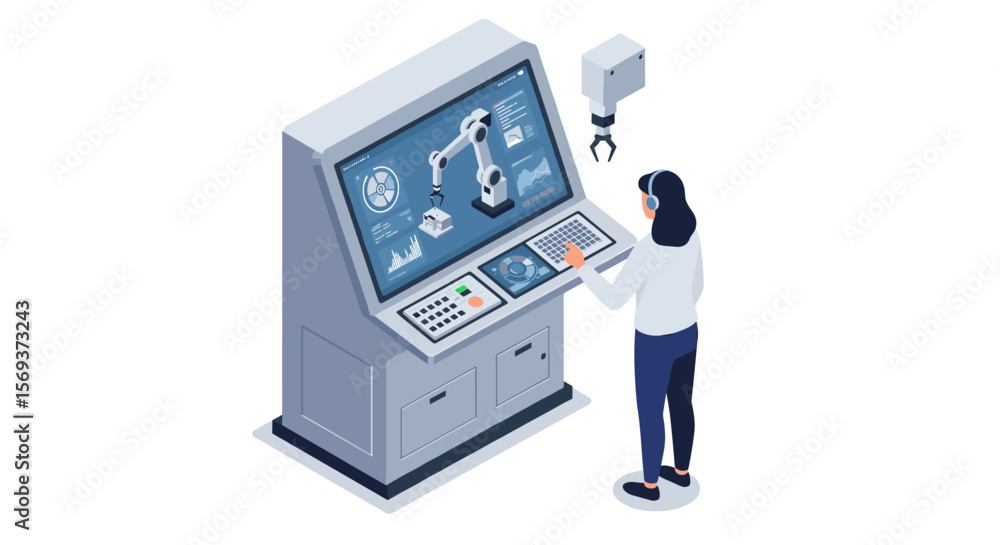 Poster isometric vector illustration of engineer operating robotic control system for engineering and techn