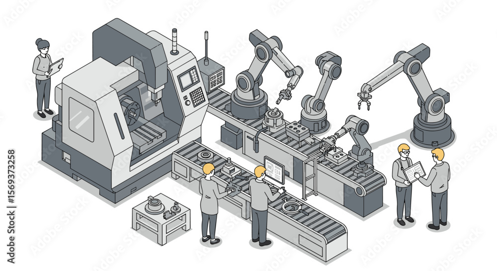 Poster industrial automation vector illustration: isometric factory scene with robotics for technology desi