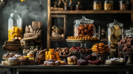 Fototapeta premium Rustic dessert table filled with cakes pastries and breads in vintage cozy bakery environment setting