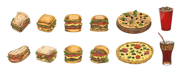 Hand drawn vintage set of sandwiches, burgers, pizza and cold drinks in red cups, isolated vector illustration