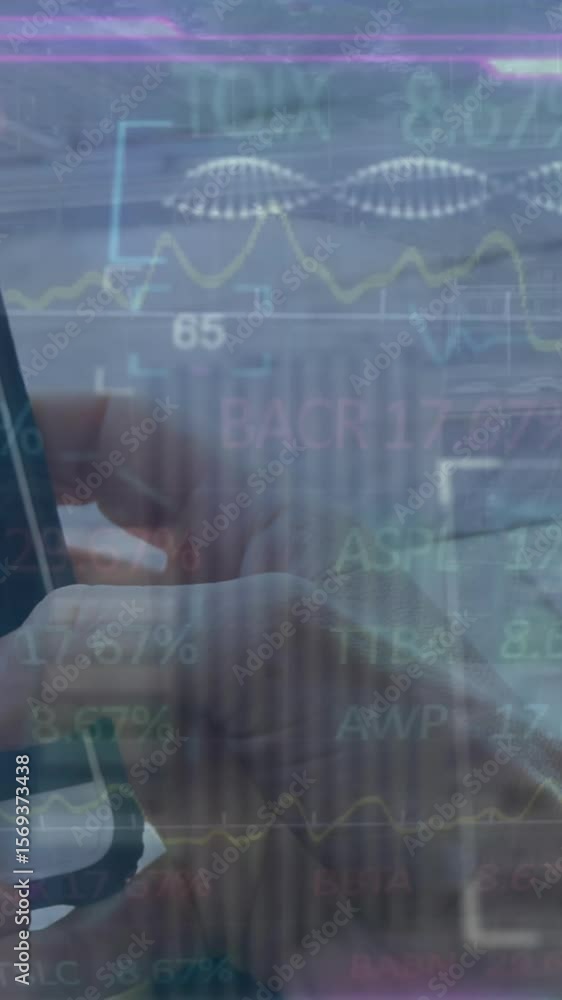 Aufkleber animation of financial data processing over businessman using smartphone