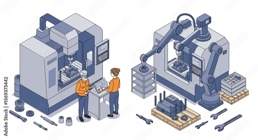 Aufkleber factory automation vector illustration: isometric design for industrial technology and robotics conc