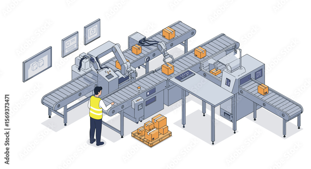Poster automated factory production line vector illustration: isometric design for manufacturing and roboti