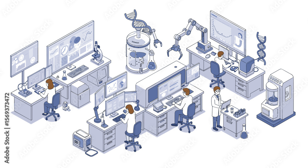 Poster isometric laboratory scene with scientists and advanced technology tools vector illustration