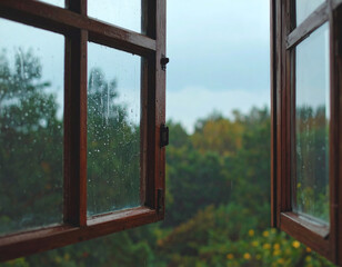 Open wooden window with raindrops on glass overlooking a lush forest on a rainy day