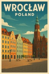 Vintage travel poster of Wrocław Poland showing the colorful old town buildings and historic town hall with a tall clock tower under a dramatic sky