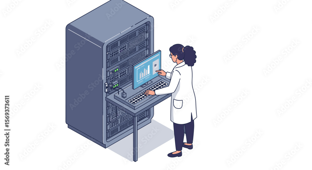 Poster isometric vector illustration of a scientist analyzing data on computers in a lab