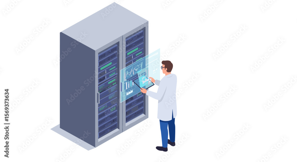 Poster data analysis on digital interface with server rack in isometric vector illustration for technology 