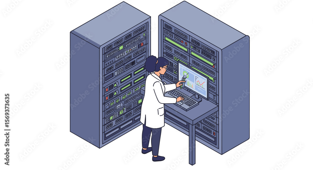 Poster data center management vector illustration in isometric style for tech and it solutions