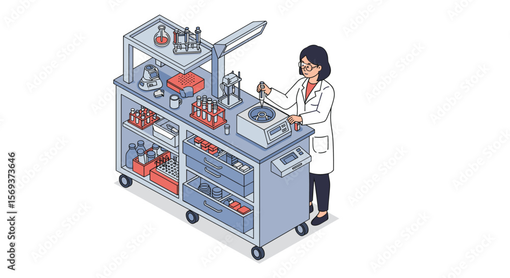 Poster scientist in laboratory setting with equipment for research and experiments vector illustration in i