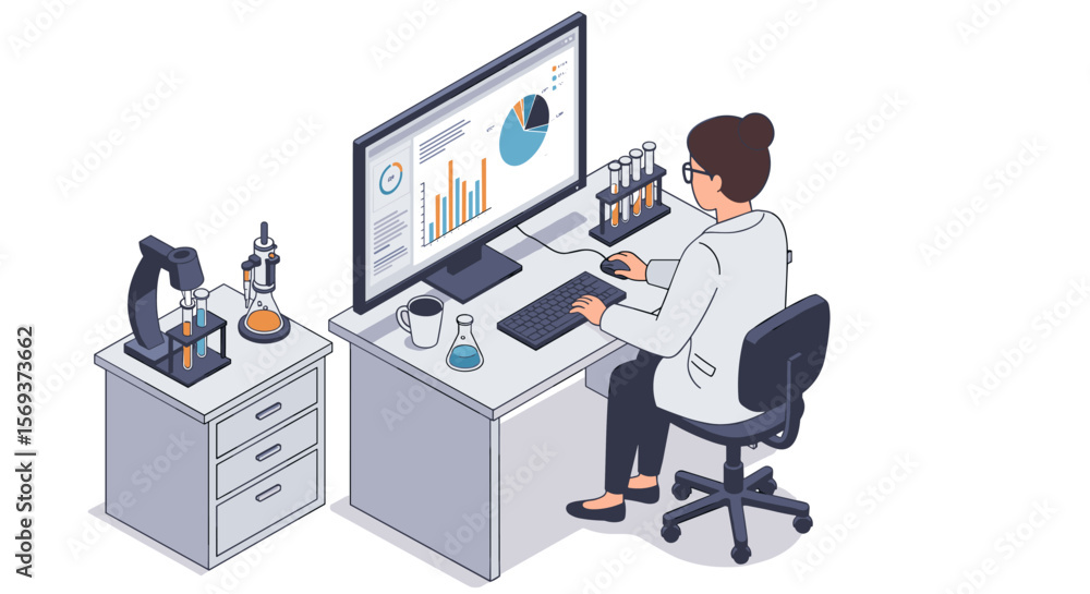 Poster isometric vector illustration of a scientist analyzing data in a laboratory for report design