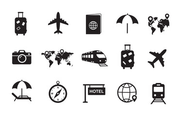 Travel Vacation Tourism vector solid Icon set. Featuring Transportation, Accommodation and Vacation Essentials, black silhouette illustration.