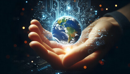 A hand gently cradles a glowing digital Earth, circuits emanating from it, symbolizing global technological connection.