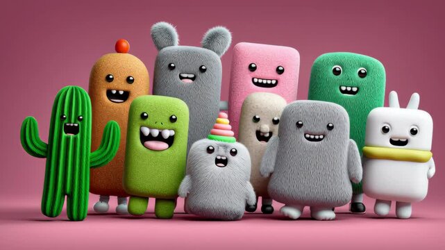 Group of stuffed animals are standing together, including a green cactus, a pink rabbit, and a white rabbit