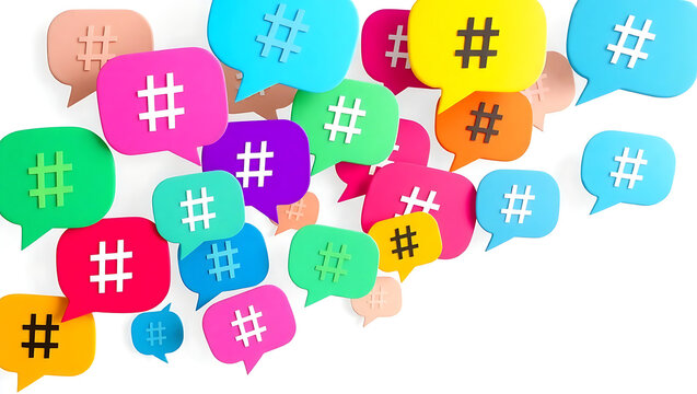 array of colorful speech bubbles with hashtags and symbols, arranged in a lively and playful pattern, 32K Resolution