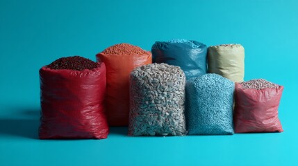 Colorful plastic bags with different grains and cereals against a blue background on a table