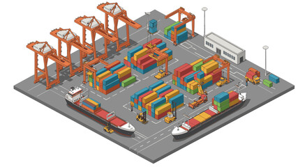 Obraz premium Isometric vector illustration of container shipyard operations for logistics and shipping design