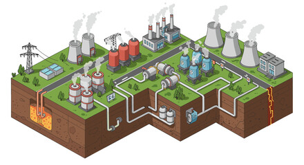 Industrial energy production vector illustration - isometric design for educational and print use