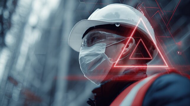 A construction worker wearing safety gear and a mask, with futuristic red digital graphics highlighting a triangular shape in an industrial setting.