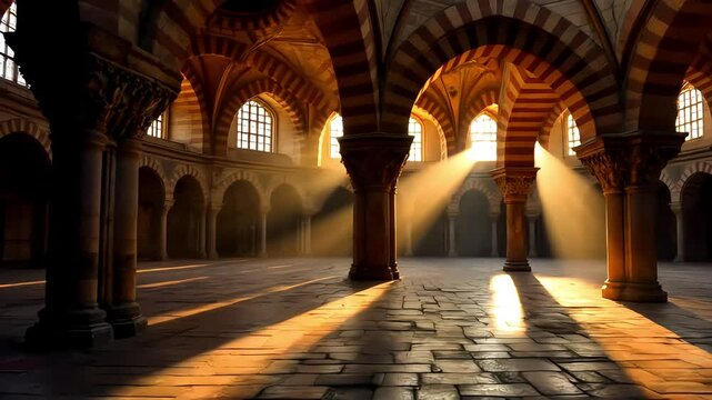 Golden hour tracking shot through the forest of horseshoe arches inside the mosque