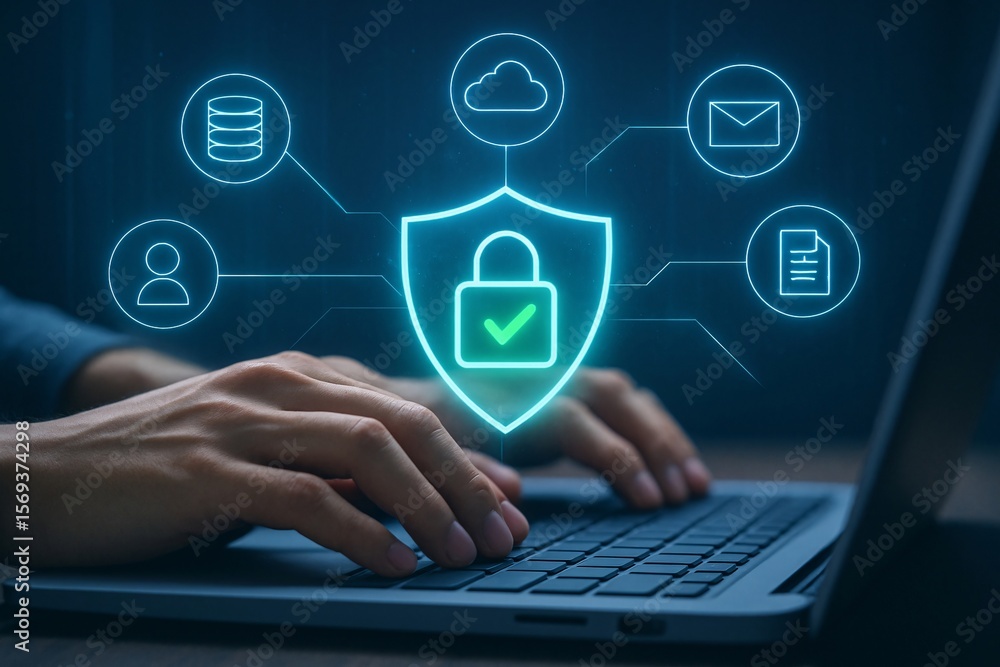 Poster digital security shield protecting data and user information on a laptop