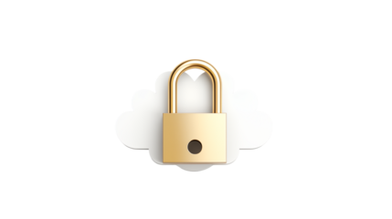 A secure cloud solution featuring a golden padlock safeguarding data on a white cloud isolated on transparent background