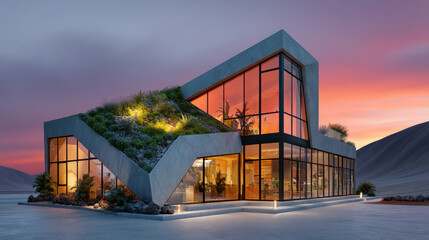 Obraz premium Sustainable house with sloped green roof and full glass walls at sunset