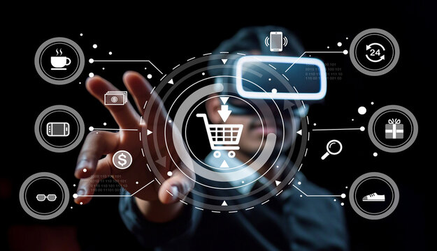 Virtual Reality Shopping Experience with Interactive Cart and Digital Icons Highlighting Modern Consumer Technology Trends