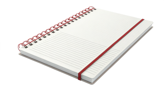 Stock photo of blank spiral notebook mockup with red elastic band for school office and personal use
